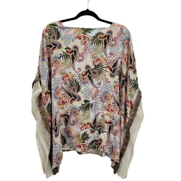 Chico's Multi-Print Poncho Top Blouse S/M Multicolor Oversized Fringed Boho - Picture 9 of 15